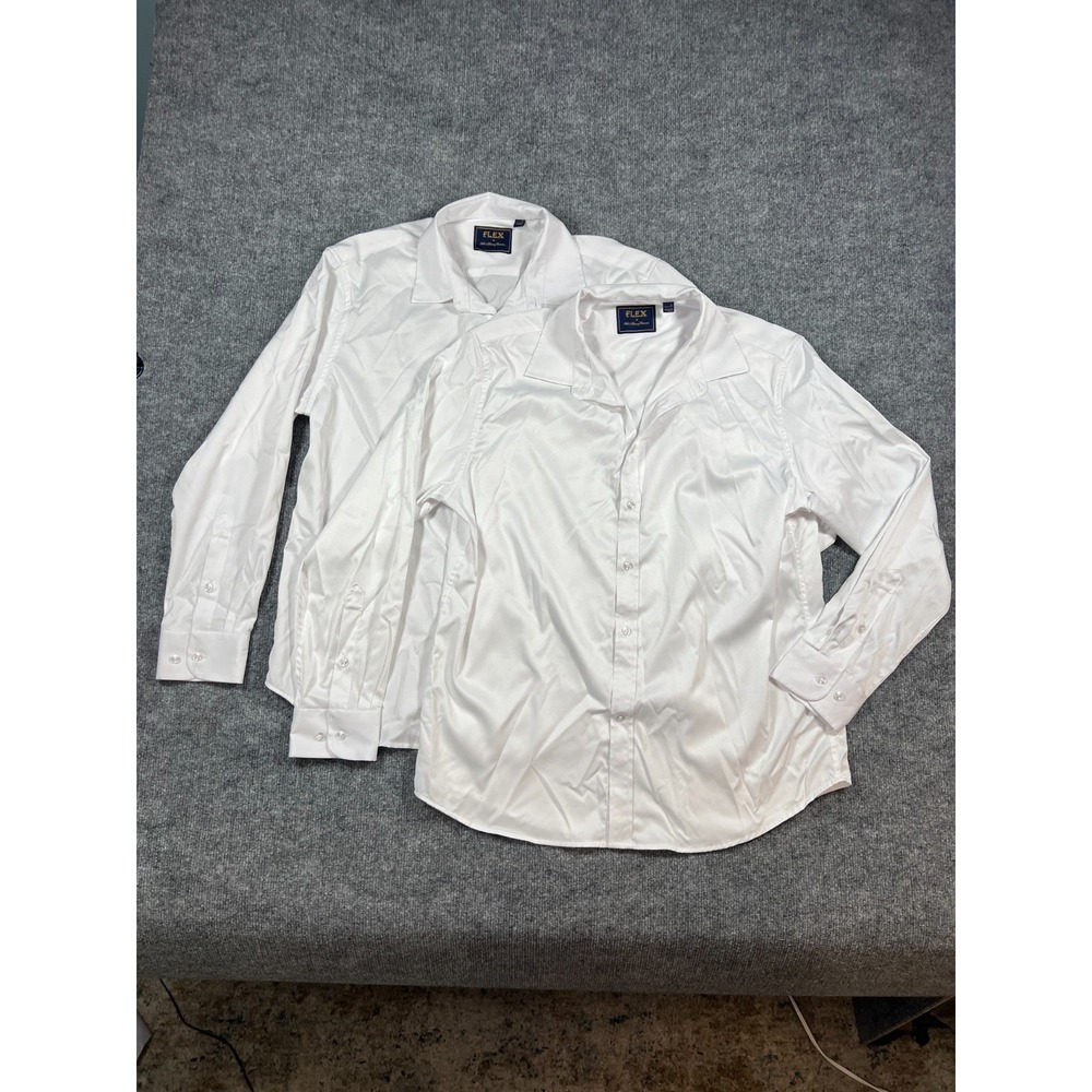 Set Of 2 Flex Dress Shirt Mens Large Off White Button Front Barrel Cuff Formal